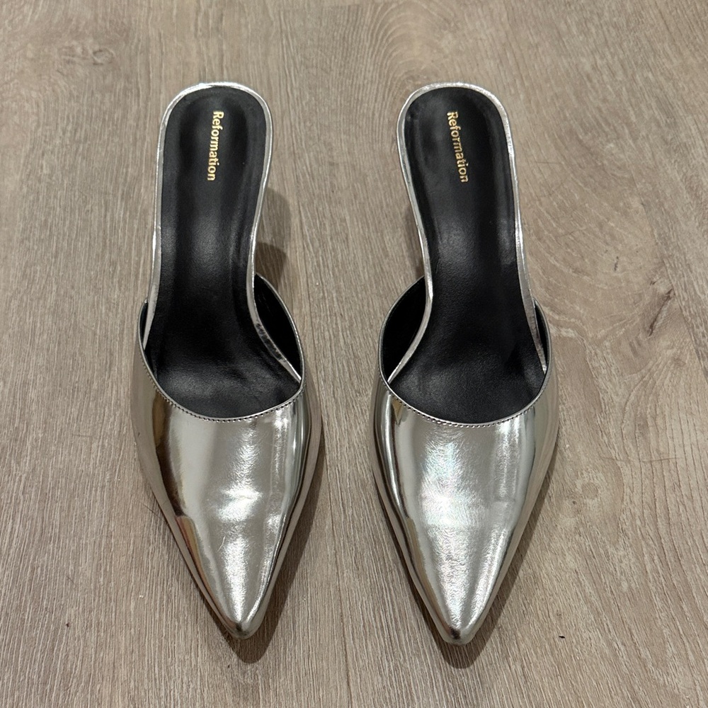 Reformation Metallic Silver Wilda Kitten Heel Mules